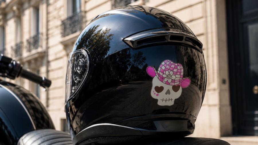 Casco da moto nero personalizzato con teschio decorativo