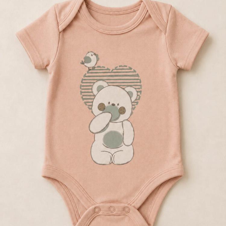 Body neonati color pesca personalizzato con illustrazione di un orsetto