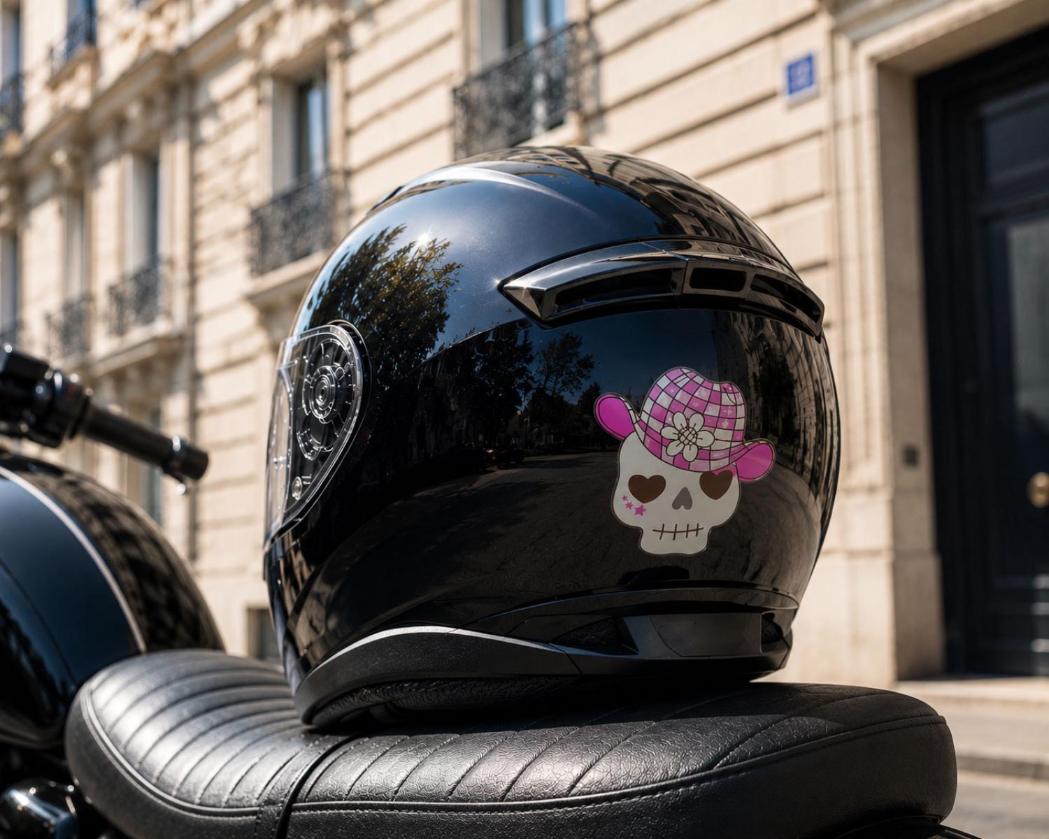 Casco da moto nero personalizzato con teschio decorativo