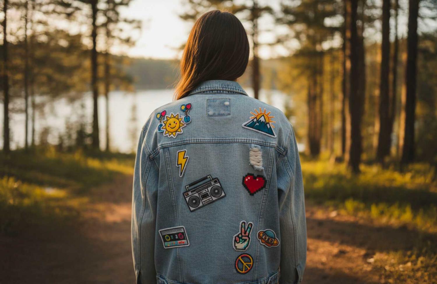 Ragazza con giacca di jeans e molte patch sulla schiena